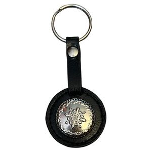 Black Leather Keychain with Silver Medallion